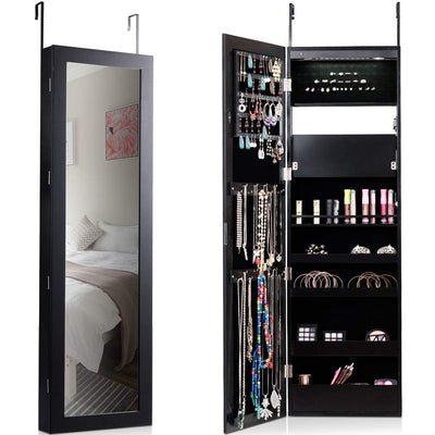 Lockable Wall Door Mounted Mirror Jewelry Cabinet w/LED Lights-Black - Relaxacare