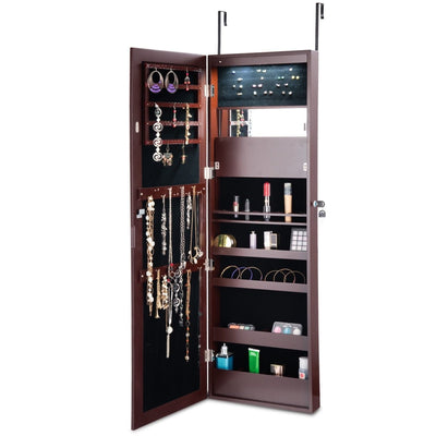 Lockable Wall Door Mounted Mirror Jewelry Cabinet w/LED Lights-Brown - Relaxacare