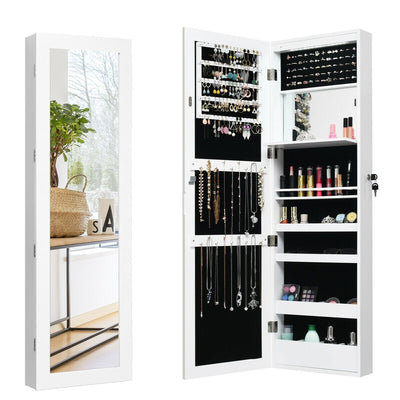 Lockable Wall Door Mounted Mirror Jewelry Cabinet w/LED Lights-White - Relaxacare