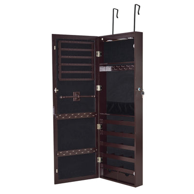 Lockable Wall Mount Mirrored Jewelry Cabinet with LED Lights-Brown - Relaxacare