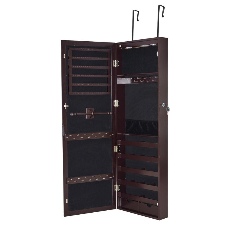 Lockable Wall Mount Mirrored Jewelry Cabinet with LED Lights-Brown - Relaxacare