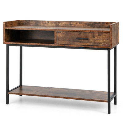Long Console Table with Drawer and Metal Frame-Rustic Brown - Relaxacare