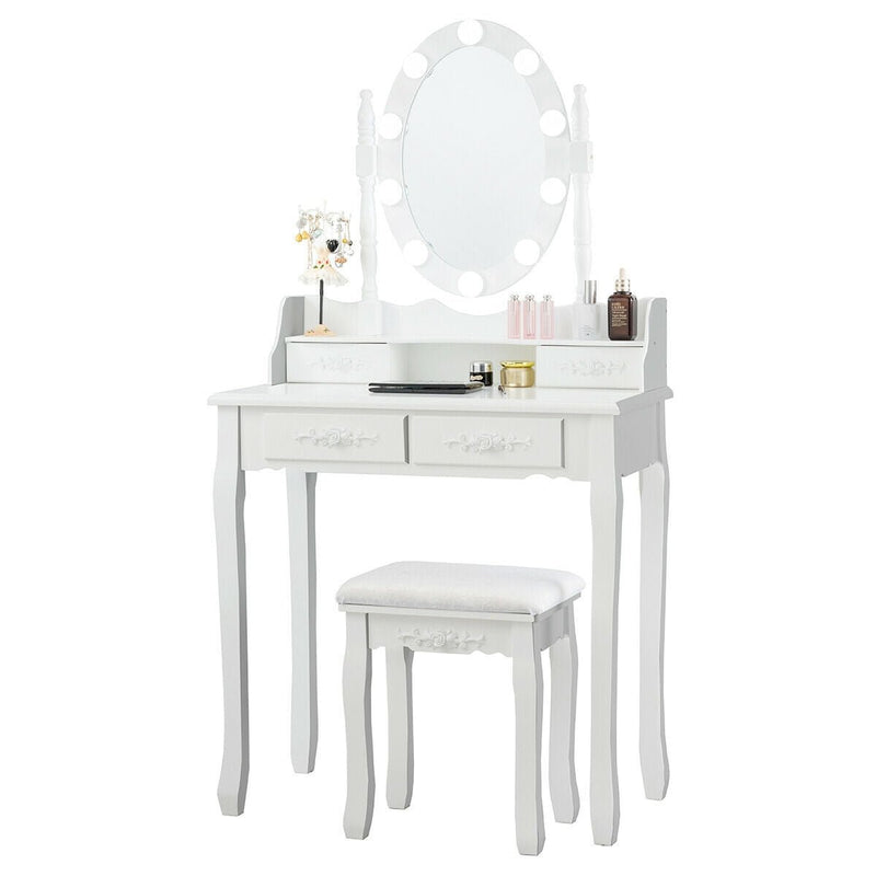 Makeup Dressing Table with Touch Switch Lighted Mirror and Cushioned Stool - Relaxacare