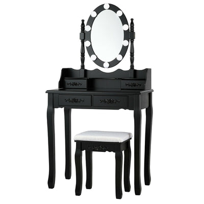 Makeup Dressing Table with Touch Switch Lighted Mirror and Cushioned Stool-Black - Relaxacare