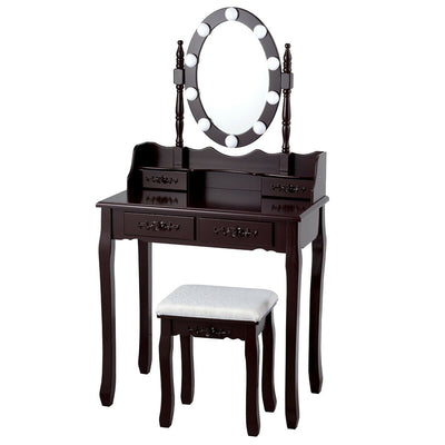 Makeup Dressing Table with Touch Switch Lighted Mirror and Cushioned Stool-Brown - Relaxacare