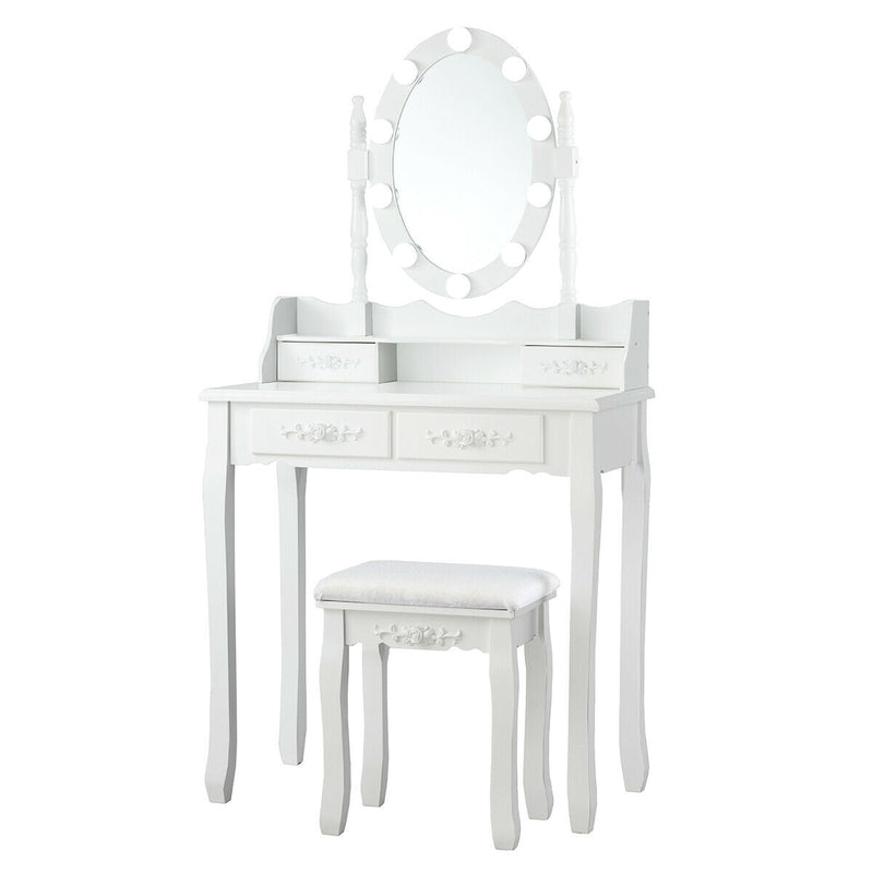 Makeup Dressing Table with Touch Switch Lighted Mirror and Cushioned Stool-White - Relaxacare