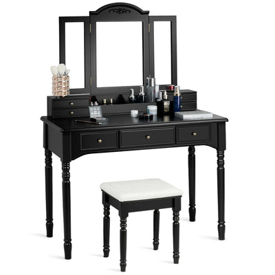 Makeup Dressing Table with Tri-Folding Mirror and Cushioned Stool for Women-Black - Relaxacare