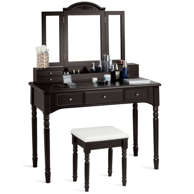 Makeup Dressing Table with Tri-Folding Mirror and Cushioned Stool for Women-Coffee - Relaxacare