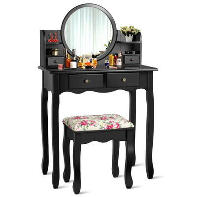 Makeup Vanity Table Set Girls Dressing Table with Drawers Oval Mirror-Black - Relaxacare