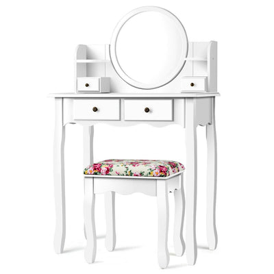 Makeup Vanity Table Set Girls Dressing Table with Drawers Oval Mirror-White - Relaxacare