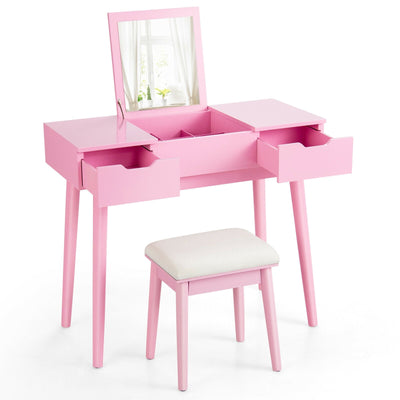 Makeup Vanity Table Set with Flip Top Mirror and 2 Drawers-Pink - Relaxacare