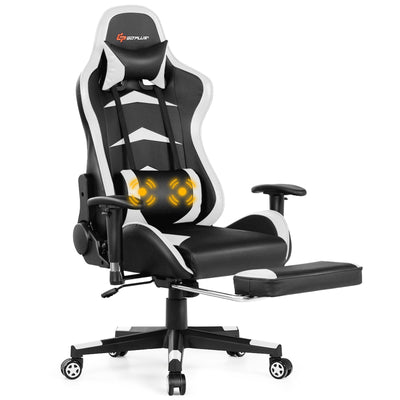 Massage Gaming Chair with Footrest-White - Relaxacare