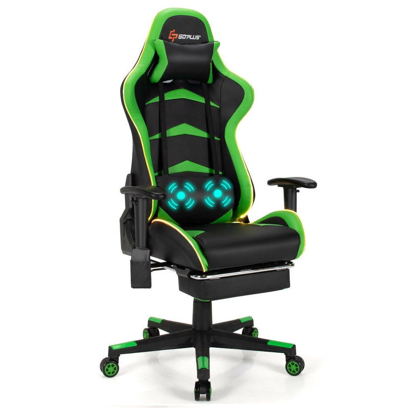 Massage LED Gaming Chair with Lumbar Support and Footrest-Green - Relaxacare