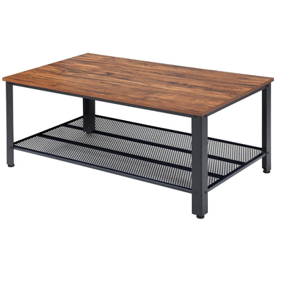 Metal Frame Wood Coffee Table Console Table with Storage Shelf-Brown - Relaxacare