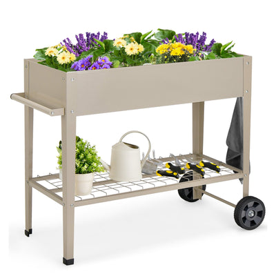 Metal Raised Garden Bed with Storage Shelf Hanging Hooks and Wheels - Relaxacare