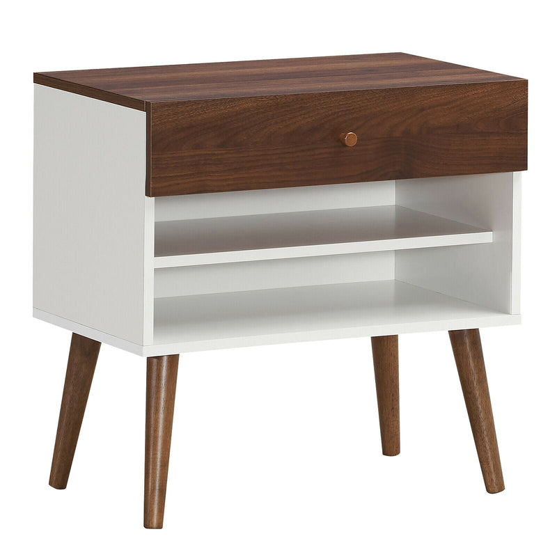 Mid-Century Nightstand with Drawer and Rubber Wood Legs - Relaxacare