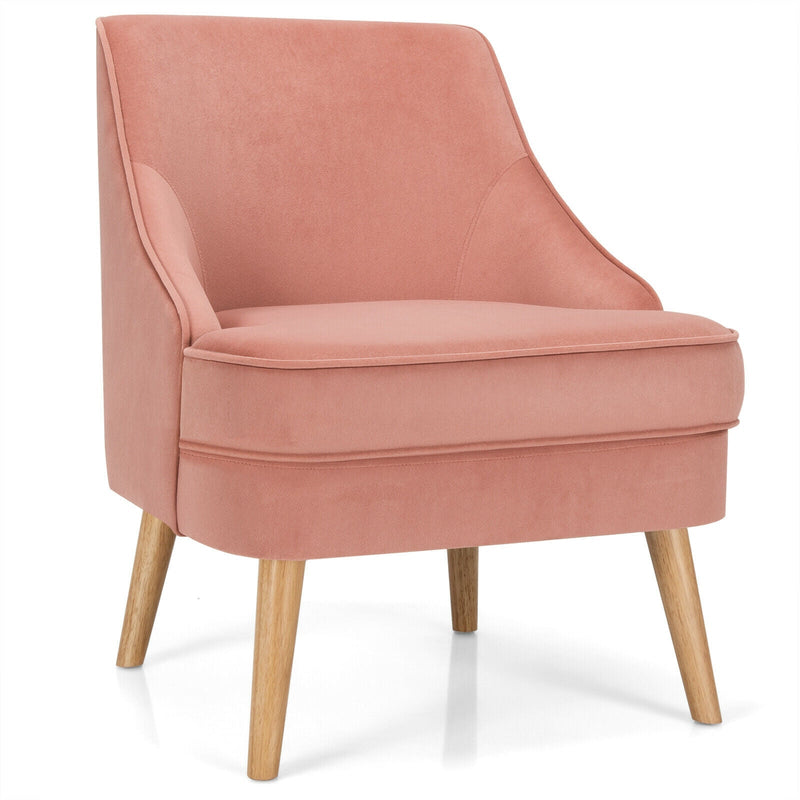 Mid Century Velvet Accent Chair with Rubber Wood Legs for Bedroom-Pink - Relaxacare
