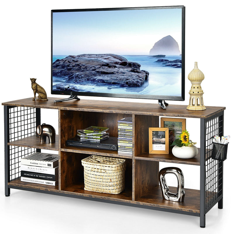 Mid-Century Wooden TV Stand with Storage Basket for TVs up to 65 Inch-Rustic Brown - Relaxacare
