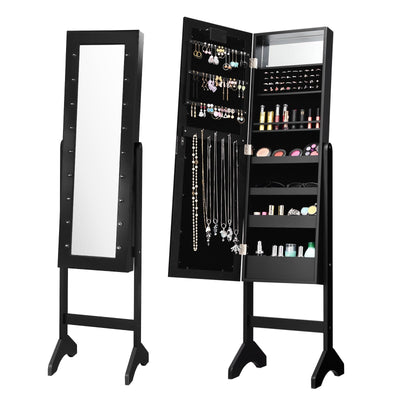 Mirrored Jewelry Cabinet Armoire Organizer w/ LED lights-Black - Relaxacare