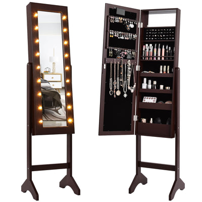 Mirrored Jewelry Cabinet Armoire Organizer w/ LED lights-Brown - Relaxacare