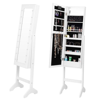 Mirrored Jewelry Cabinet Armoire Organizer w/ LED lights-White - Relaxacare