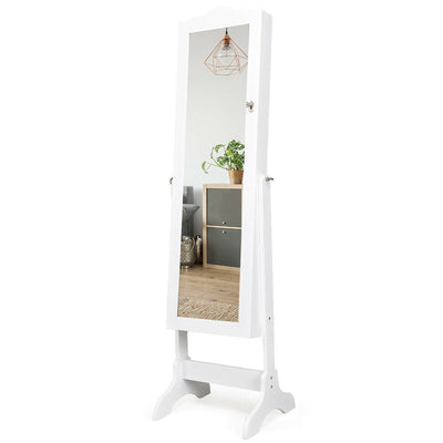 Mirrored Lockable Jewelry Cabinet Armoire Organizer Storage Box-White - Relaxacare