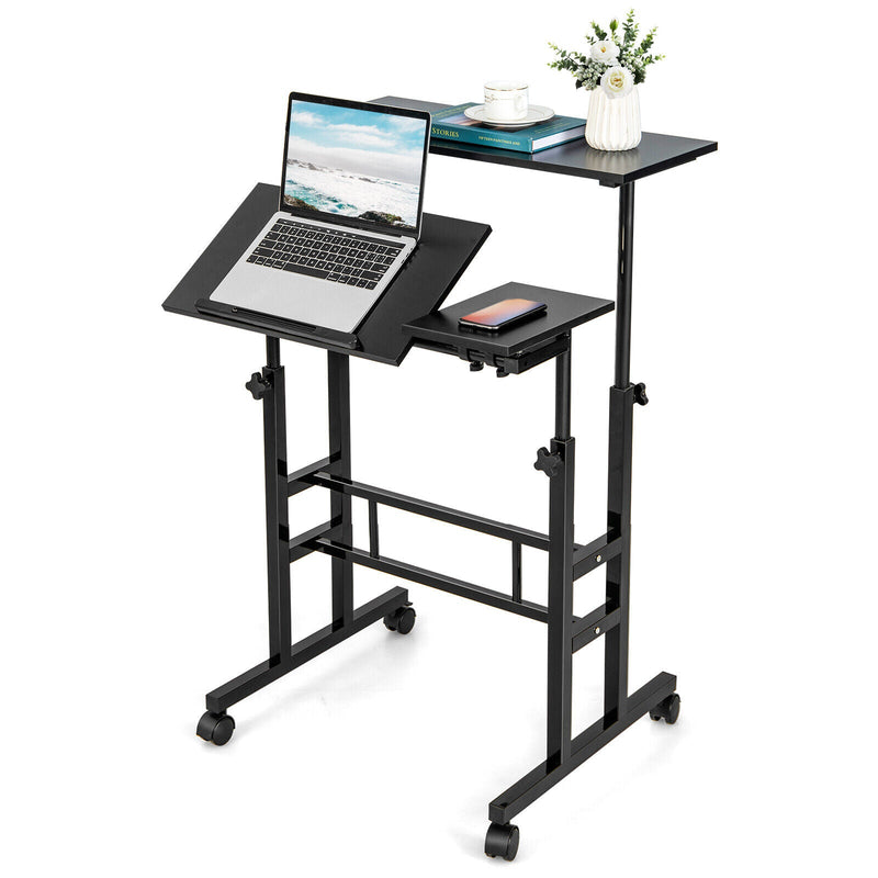 Mobile Stand up Computer Desk with 2 Tilting Desktops-Black - Relaxacare