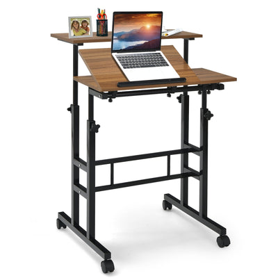 Mobile Standing up Desk Adjustable Computer Desk Tilting Workstation-Walnut - Relaxacare