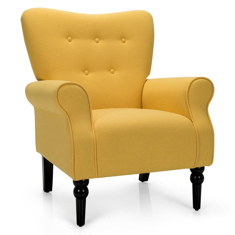 Modern Accent Chair with Tufted Backrest and Rubber Wood Avocado Legs-Yellow - Relaxacare