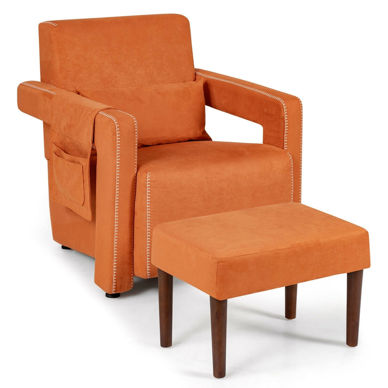 Modern Berber Fleece Single Sofa Chair with Ottoman and Waist Pillow-Orange - Relaxacare