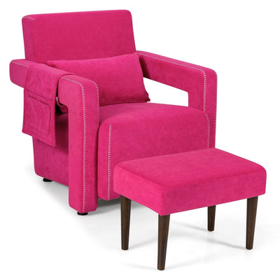 Modern Berber Fleece Single Sofa Chair with Ottoman and Waist Pillow-Red - Relaxacare