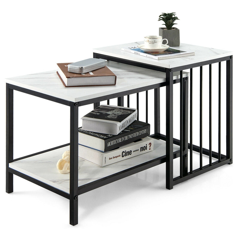 Modern Marble Texture Nesting Table Set of 2 with Storage Shelf - Relaxacare
