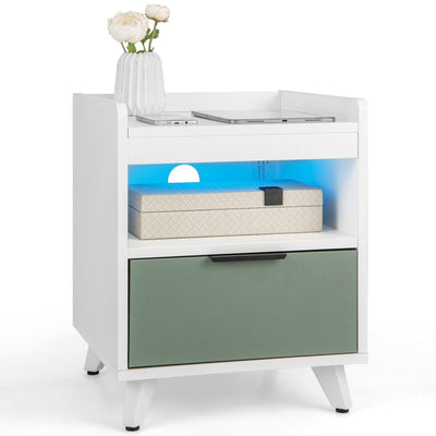 Modern Nightstand with LED Lights Sliding Drawer and Open Compartment - Relaxacare