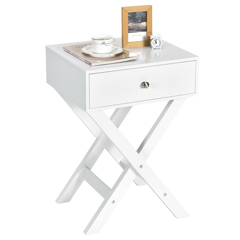 Modern X-Shaped Nightstand with Drawer for Living Room Bedroom-White - Relaxacare
