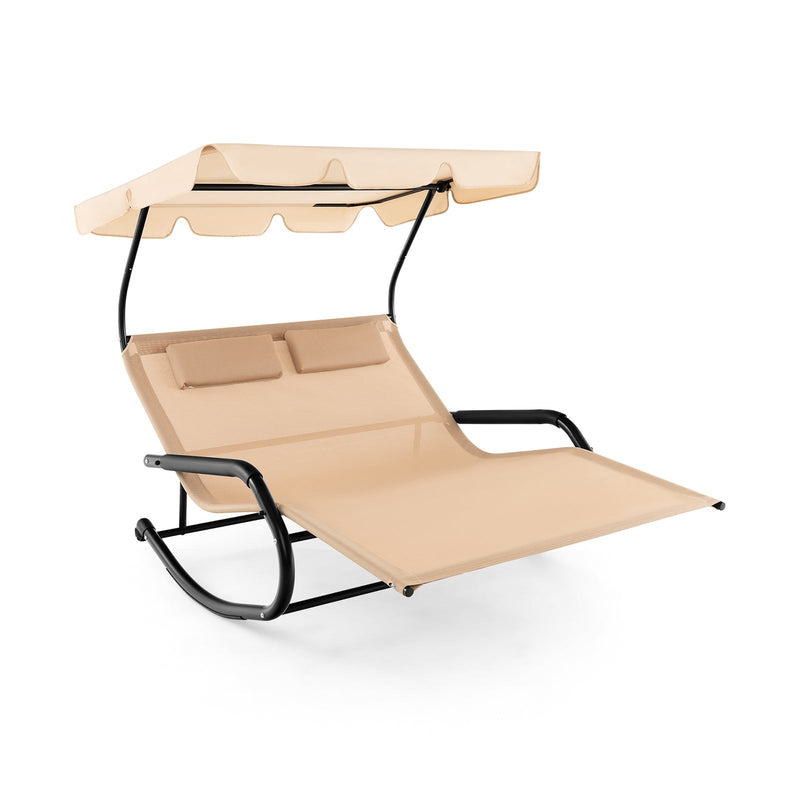 Outdoor 2 Persons Rocking Chaise Lounge with Canopy and Wheels-Beige - Relaxacare