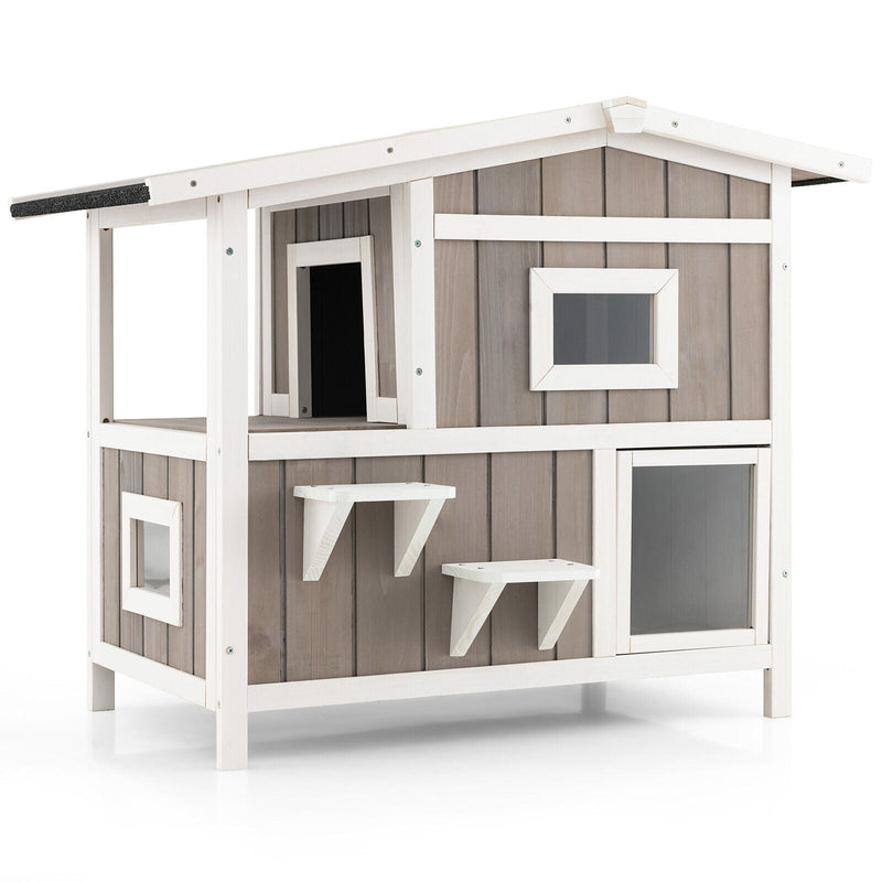 Outdoor 2-Story Wooden Feral Cat House with Escape Door - Relaxacare