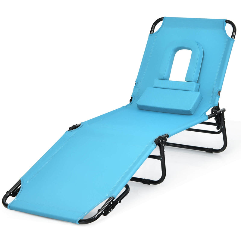 Outdoor Folding Chaise Beach Pool Patio Lounge Chair Bed with Adjustable Back and Hole-Turquoise - Relaxacare