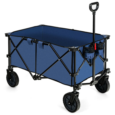 Outdoor Folding Wagon Cart with Adjustable Handle and Universal Wheels-Navy - Relaxacare