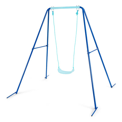 Outdoor Kids Swing Set with Heavy Duty Metal A-Frame and Ground Stakes-Blue - Relaxacare