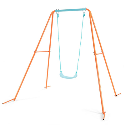 Outdoor Kids Swing Set with Heavy Duty Metal A-Frame and Ground Stakes-Orange - Relaxacare
