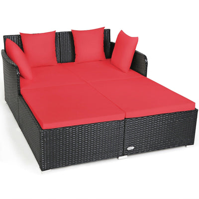 Outdoor Patio Rattan Daybed Thick Pillows Cushioned Sofa Furniture-Red - Relaxacare