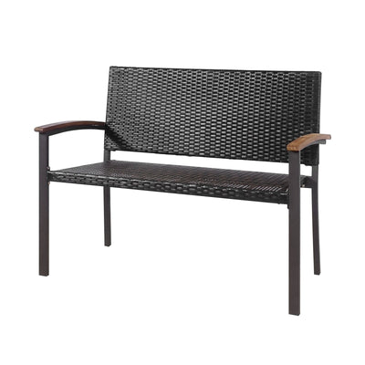 Outdoor Patio Rattan Wicker Bench with Armrest for Garden - Relaxacare