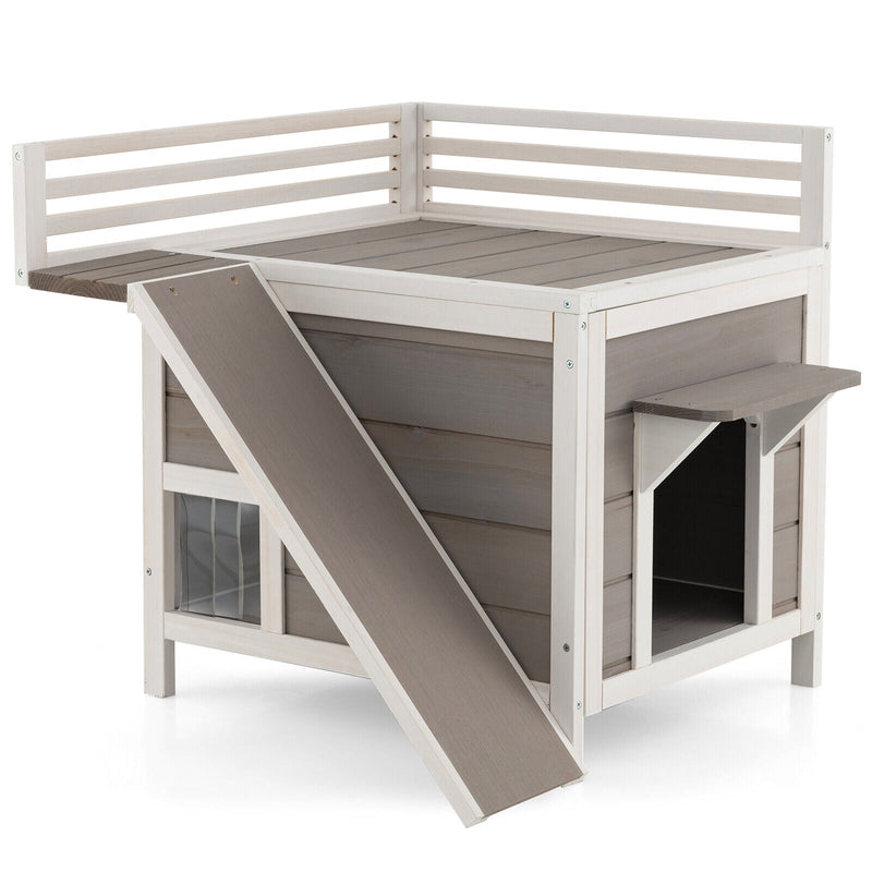 Outdoor Wooden Feral Cat House with Balcony and Slide - Relaxacare