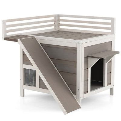 Outdoor Wooden Feral Cat House with Balcony and Slide-Gray - Relaxacare