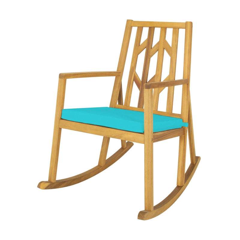 Patio Acacia Wood Rocking Chair Sofa with Armrest and Cushion for Garden and Deck-Turquoise - Relaxacare