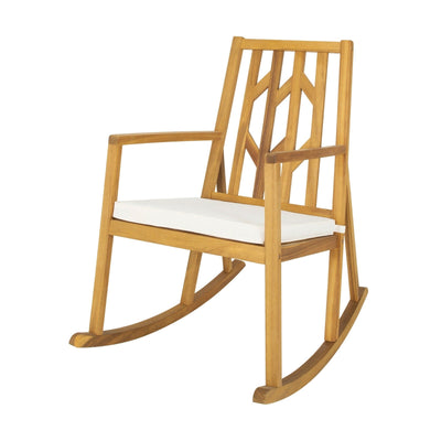 Patio Acacia Wood Rocking Chair Sofa with Armrest and Cushion for Garden and Deck-White - Relaxacare