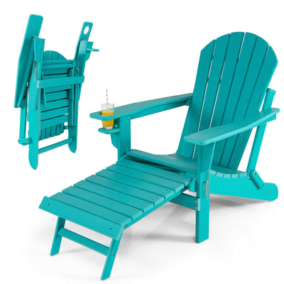 Patio All-Weather Folding Adirondack Chair with Pull-Out Ottoman-Turquoise - Relaxacare