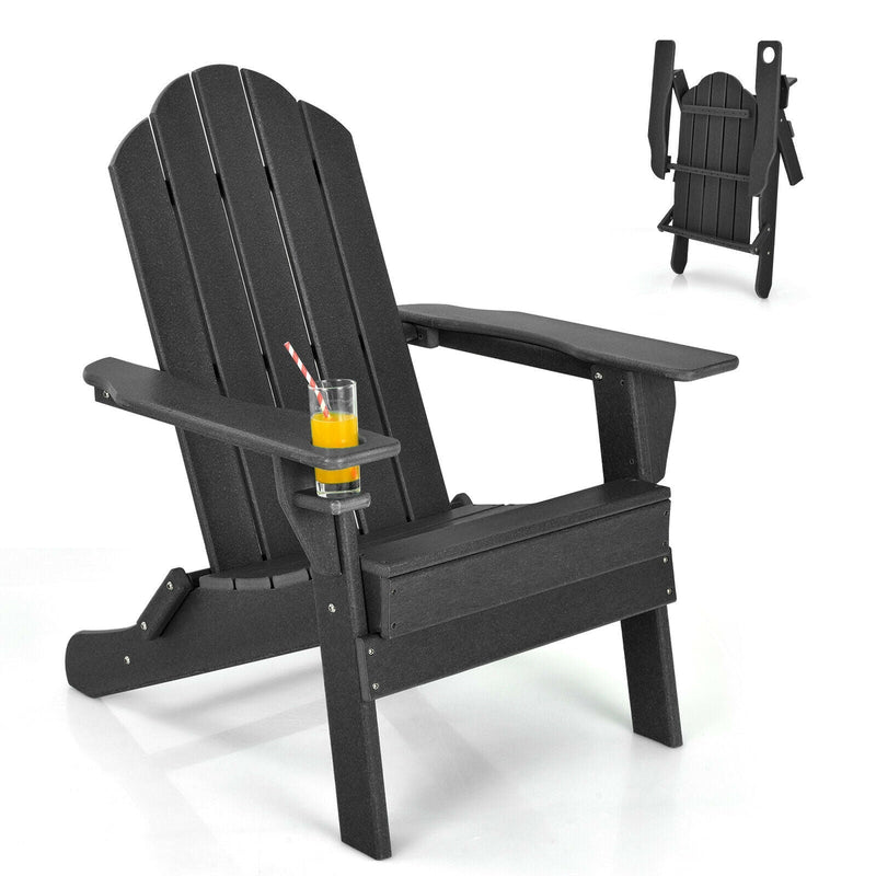 Patio Folding Adirondack Chair with Built-in Cup Holder-Black - Relaxacare