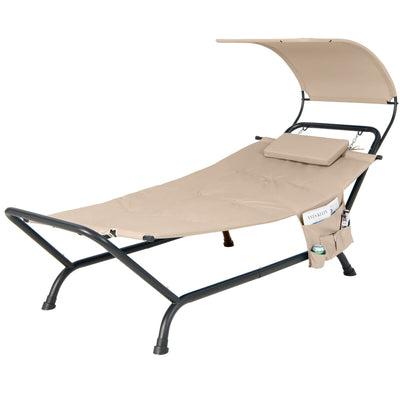 Patio Hanging Chaise Lounge Chair with Canopy Cushion Pillow and Storage Bag-Beige - Relaxacare