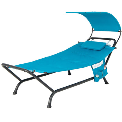 Patio Hanging Chaise Lounge Chair with Canopy Cushion Pillow and Storage Bag-Navy - Relaxacare